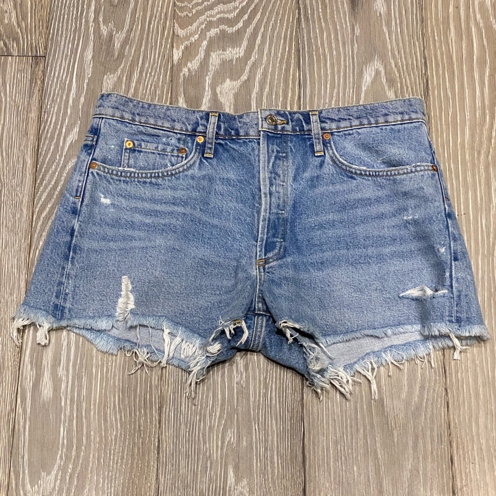 Agolde Light Blue Distressed Denim Jean Shorts